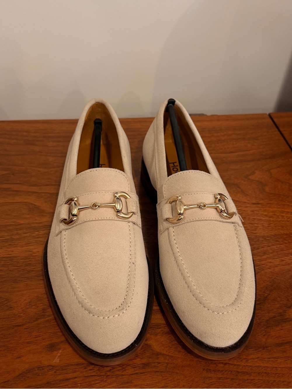 Cream Suede Bit Loafers with Gold Hardware